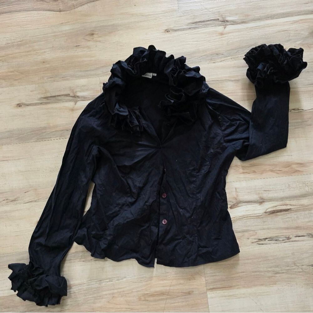 Black Ruffle Neck and Cuff Button Down Blouse Sz 2 Layer Crewneck Poet Victorian